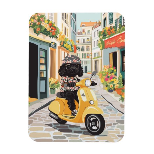 Black Doodle Riding Scooter European City Streets マグネット (縦)