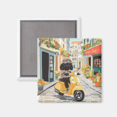 Black Doodle Riding Scooter European City Streets マグネット (正面/裏面)