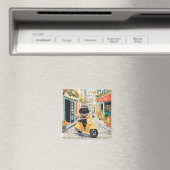 Black Doodle Riding Scooter European City Streets マグネット (インサイチュ (食洗機))