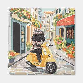 Black Doodle Riding Scooter European City Streets マグネット