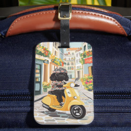 Black Doodle Riding Scooter European City Streets ラゲッジタグ
