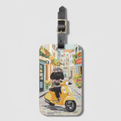 Black Doodle Riding Scooter European City Streets ラゲッジタグ (正面縦)