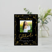 Black Doodles Graduation Save Date Photo Real Gold 箔招待状ポストカード (立ち正面)
