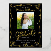 Black Doodles Graduation Save Date Photo Real Gold 箔招待状ポストカード (正面)