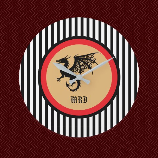 Black Dragon with Monogram n Black White Stripes ラージ壁時計