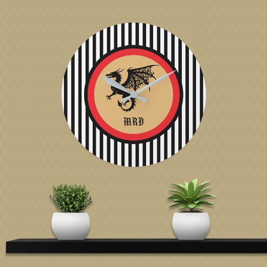 Black Dragon with Monogram n Black White Stripes ラージ壁時計