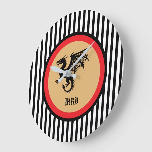 Black Dragon with Monogram n Black White Stripes ラージ壁時計 (傾斜)