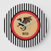 Black Dragon with Monogram n Black White Stripes ラージ壁時計 (正面)