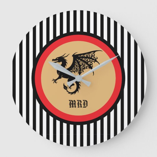 Black Dragon with Monogram n Black White Stripes   ラージ壁時計 (正面)