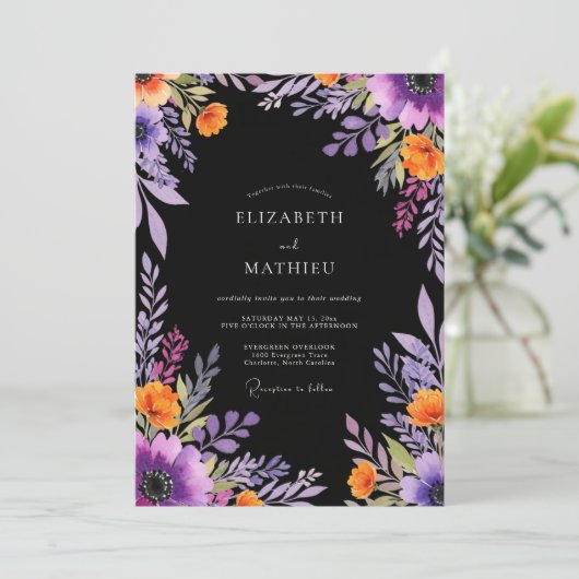 Black Dramatic Botanical Wedding 招待状 (スタンド正面)