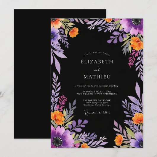 Black Dramatic Botanical Wedding 招待状 (正面/裏面)