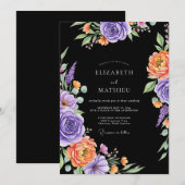 Black Dramatic Floral Watercolor Wedding 招待状 (正面/裏面)