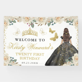 Black Dress Brunette Princess Floral Birthday 横断幕