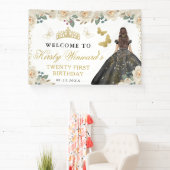 Black Dress Brunette Princess Floral Birthday 横断幕 (インサイチュ)