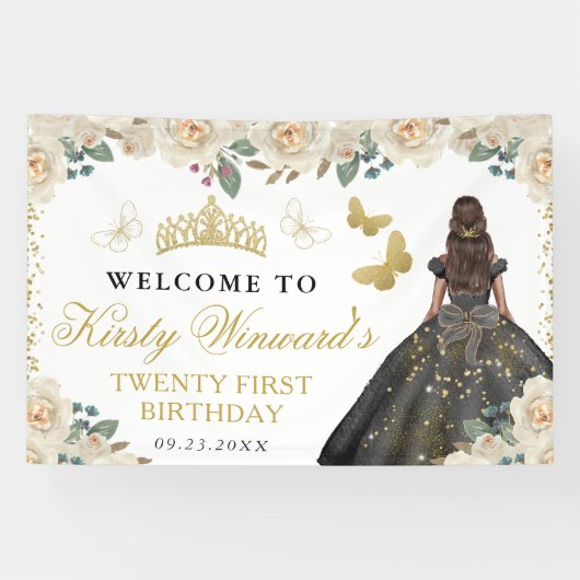 Black Dress Dark Skin Princess Floral Birthday 横断幕 (横)