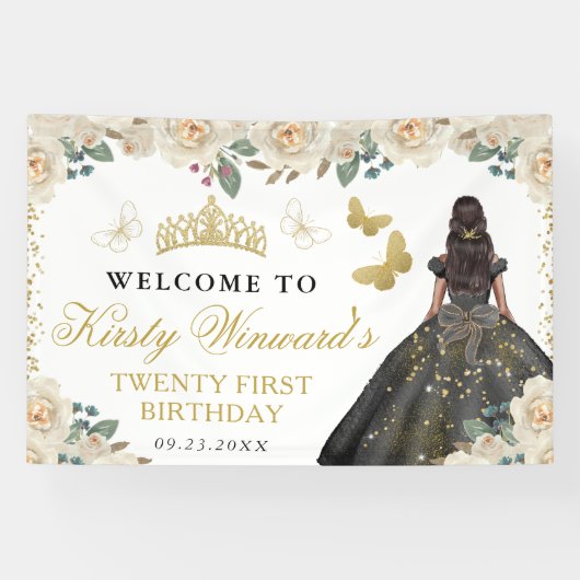 Black Dress Dark Skin Princess Floral Birthday 横断幕 (横)
