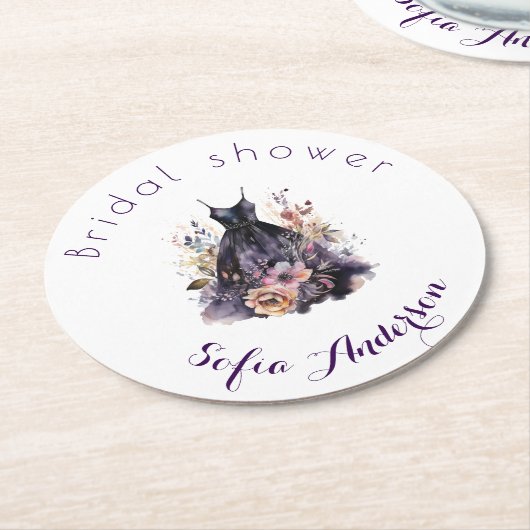 Black dress purple bridal shower  ラウンドペーパーコースター (アングル)