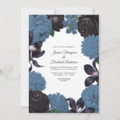 Black & Dusty Blue Photo/QR Code Floral Wedding 招待状 (正面)