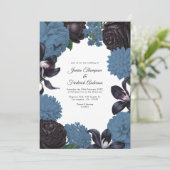 Black & Dusty Blue Photo/QR Code Floral Wedding 招待状 (スタンド正面)
