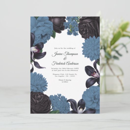 Black & Dusty Blue Photo/QR Code Floral Wedding 招待状 (スタンド正面)