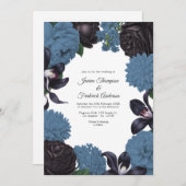 Black & Dusty Blue Photo/QR Code Floral Wedding 招待状 (正面/裏面)