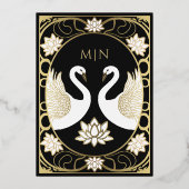 Black Elegant Art Nouveau Swans Wedding 箔招待状 (裏面)