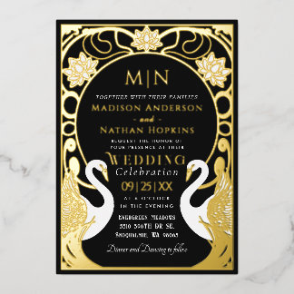 Black Elegant Art Nouveau Swans Wedding Invitation 箔招待状