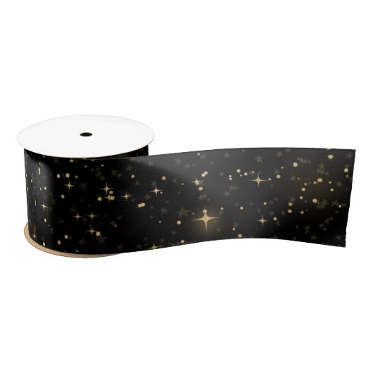 Black Elegant Celestial Starry Gold Stars Design サテンリボン (リール)
