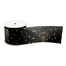 Black Elegant Celestial Starry Gold Stars Design サテンリボン