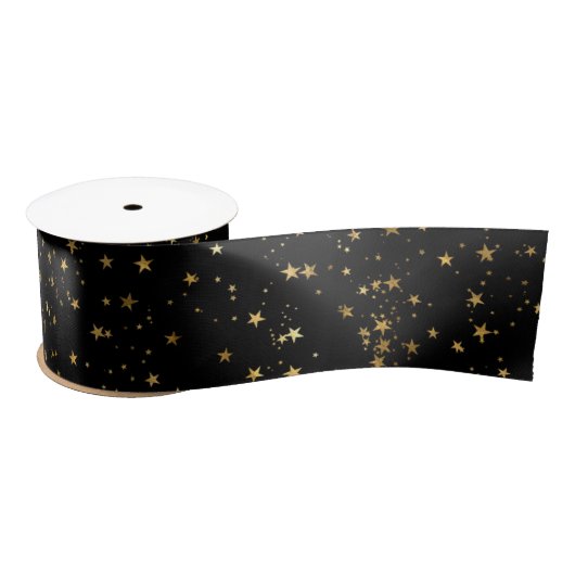Black Elegant Celestial Starry Gold Stars Design サテンリボン (リール)