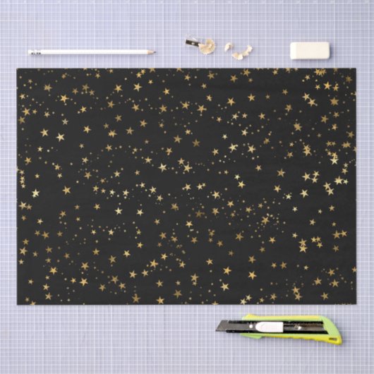 Black Elegant Celestial Starry Gold Stars Design 薄葉紙 (クラフト)