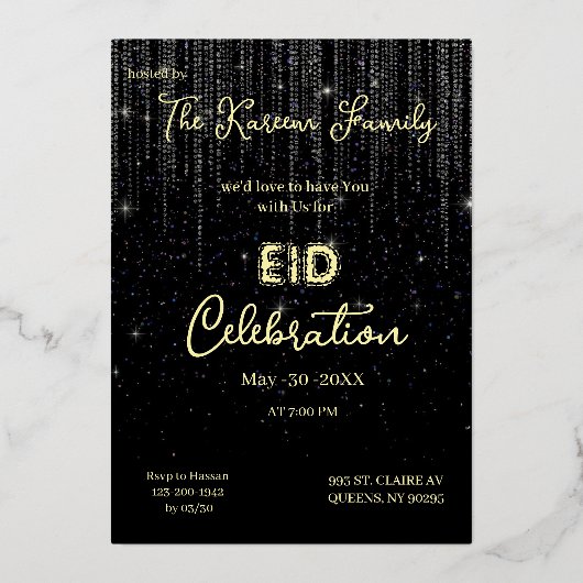 Black Elegant EId Celebration Eid Party Invitation 箔シーズンカード (正面)
