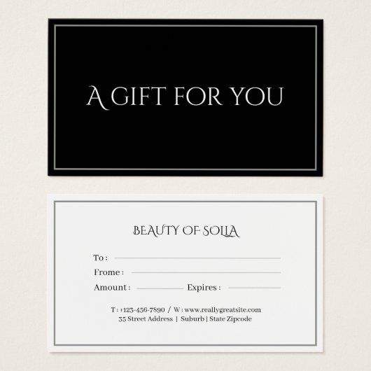 Black Elegant Gift Certificate Card for Businesses (正面&裏面)
