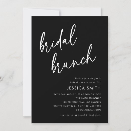 Black Elegant Handwritten Script Bridal Brunch 招待状 (正面)