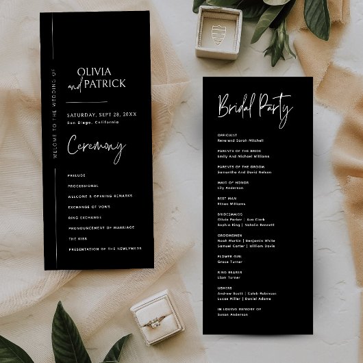 Black Elegant Modern Minimalist Wedding Program