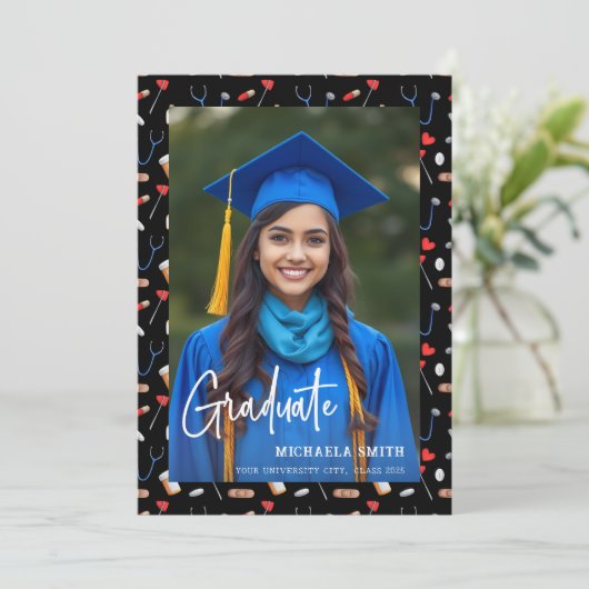 Black Elegant Nurse Script Photo Graduation  案内状 (スタンド正面)