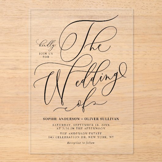 Black Elegant Whimsical Calligraphy Wedding アクリル招待状 (正面)