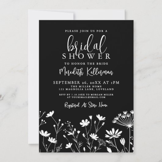 Black Elegant Wildflower Bridal Shower 招待状 (正面)
