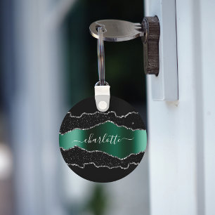 Black emerald green agate marble name script キーホルダー