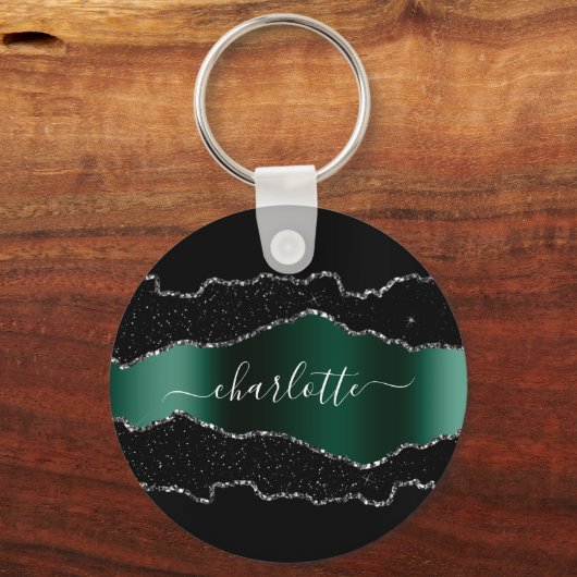 Black emerald green agate marble name script キーホルダー (正面)