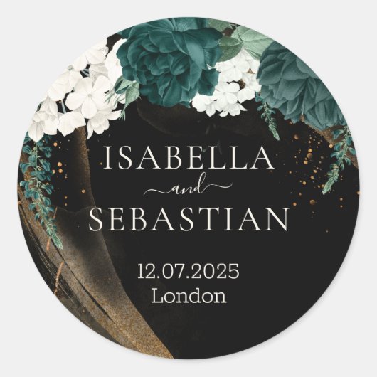 Black Emerald Green Rose Floral Wedding ラウンドシール (正面)