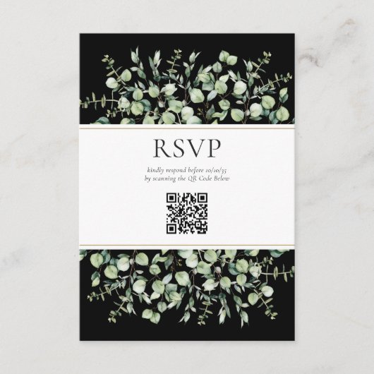 Black Eucalyptus QR Code Wedding RSVP  エンクロージャーカード (正面)