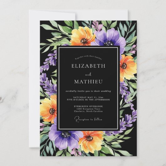 Black Exquisite Botanical Autumnal Wedding 招待状 (正面)
