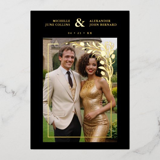 Black Exquisite Ornate Tulips Frame Photo Wedding  箔招待状 (正面)