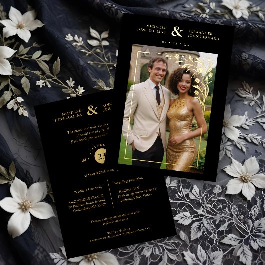 Black Exquisite Ornate Tulips Frame Photo Wedding  箔招待状