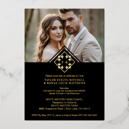 Black Exquisite Simple Wedding Botanical Monogram 箔招待状 (正面)