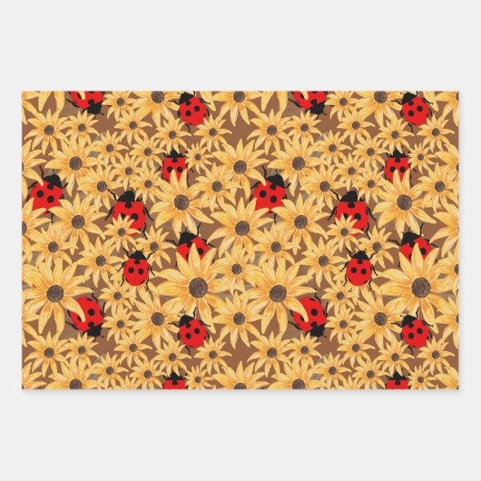 Black-Eyed Susan And Ladybugs Seamless Pattern ラッピングペーパーシート (正面)