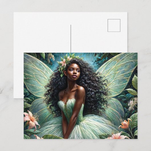 Black Fairy In Green and Peach Botanical ポストカード (正面/裏面)