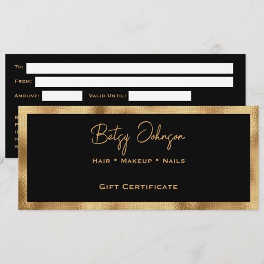 Black & Faux Gold Foil Gift Certificate Card 招待状 (正面/裏面)