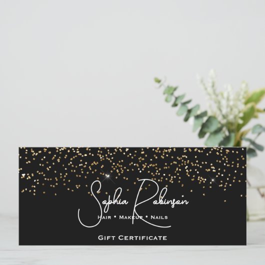 Black & Faux Gold Glitter Gift Certificate Card 招待状 (スタンド正面)